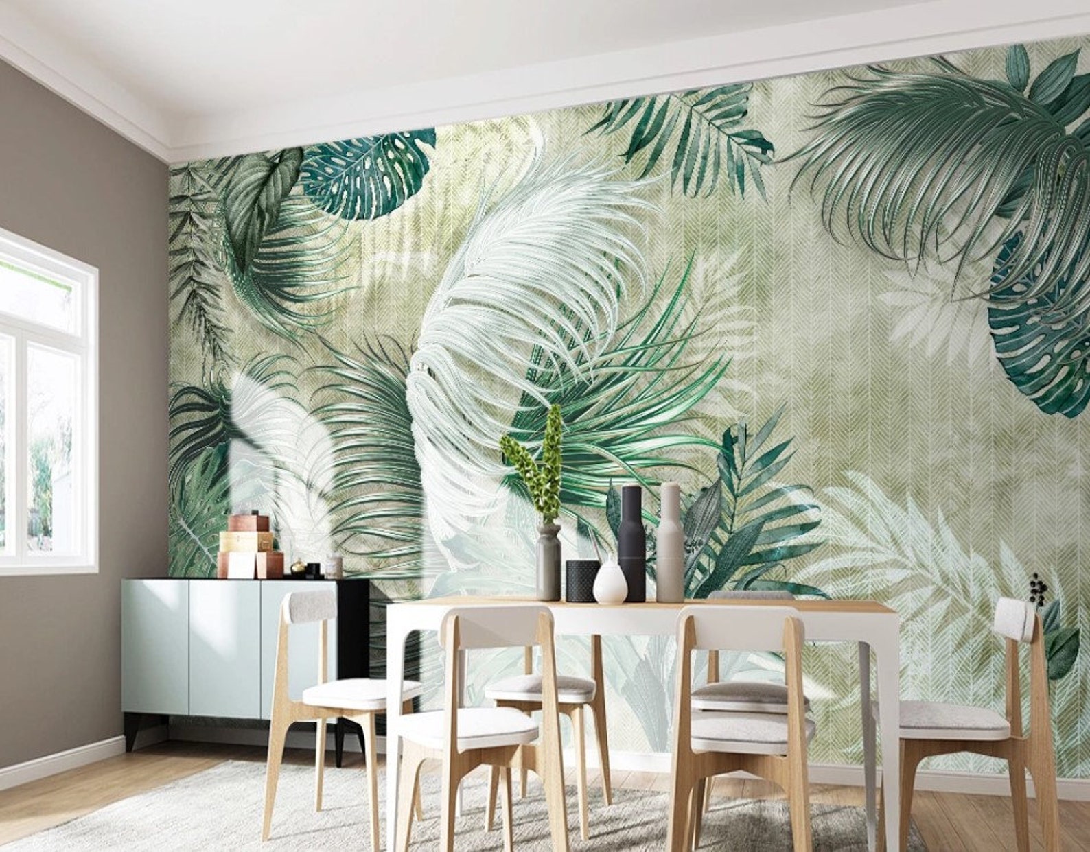 Tropical Green Leaves Wallpaper Mural - Peel and Stick - Etsy