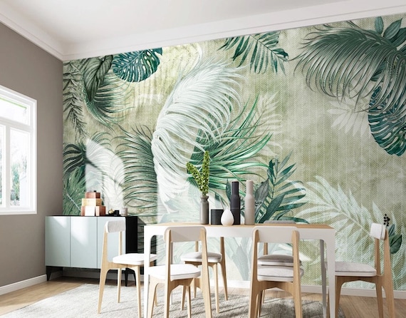 Papel Pintado Verde Patrón Hojas Tropicales