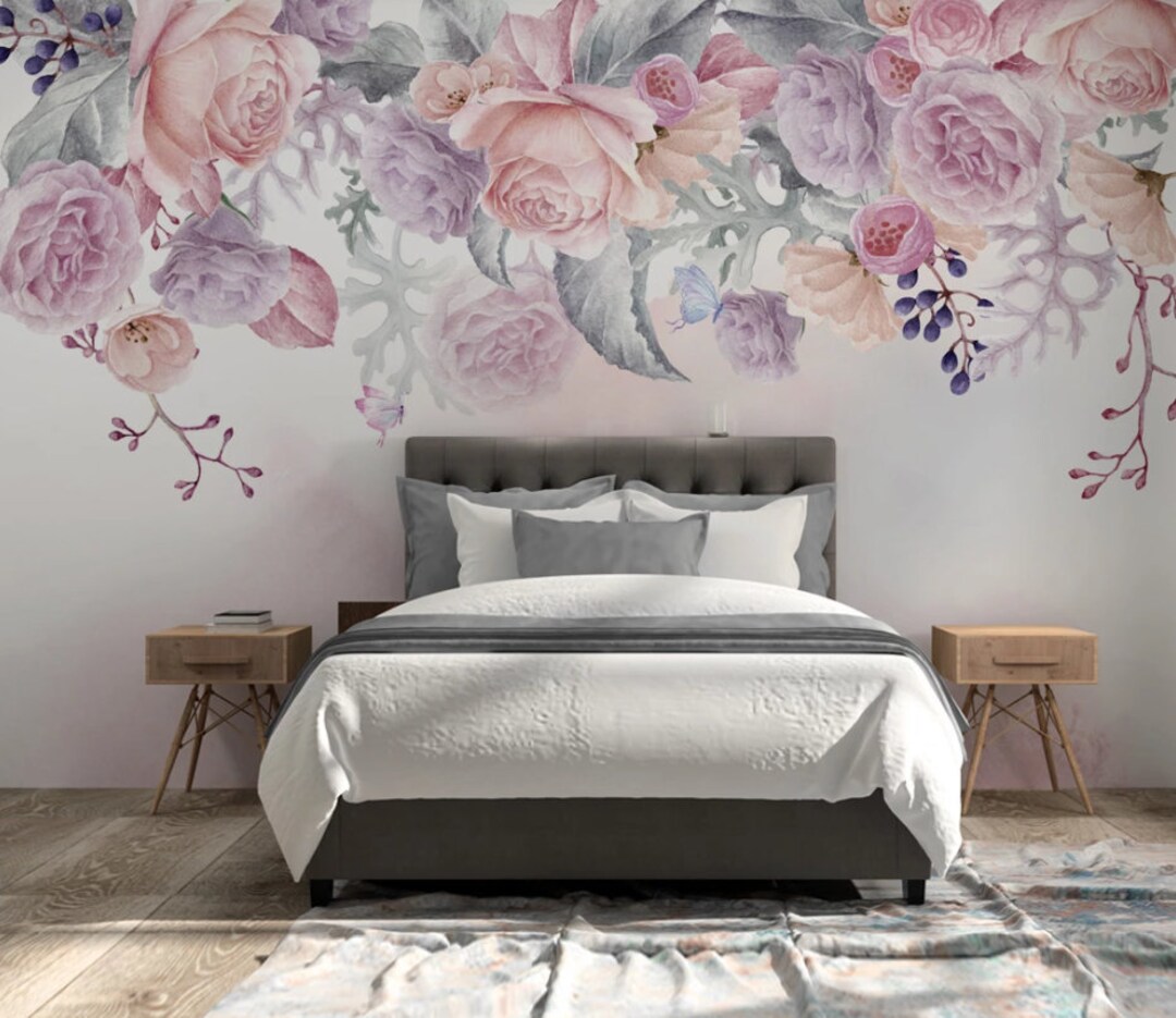 Pastel Color Hanging Roses Floral Wallpaper, Pink Rose Wall Mural, Botanical Flower Kitchen Wall