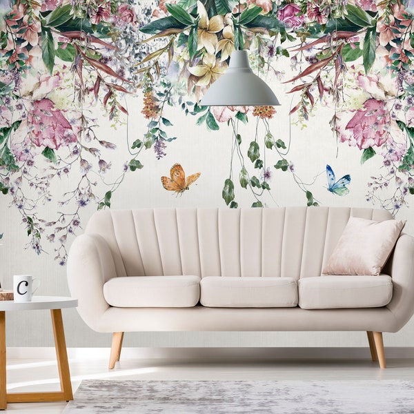 Pink Flowers and Butterfly Wallpaper for Nursery - Pastel Color Living Room Wall Mural - Peel and Stick Wall Decor