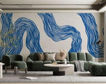Mural de pared con bocetos abstractos azules, papel tapiz con líneas de pincel, papel tapiz minimalista moderno