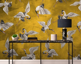 Yellow Crane Birds Wallpaper, Peel and Stick, Heron Birds Wall Mural, Removable Wallpaper, Chinese Birds Living Room Wall Decor