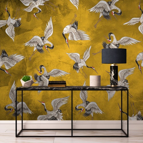 Yellow Crane Birds Wallpaper Peel and Stick Heron Birds Wall Etsy