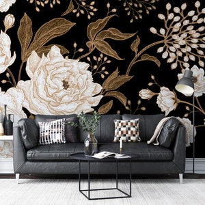 Carta da parati floreale con rose e peonie, murale con fiori e foglie dorate, arte murale con rose, decorazione murale con peonie, sfondo nero staccabile e attaccabile