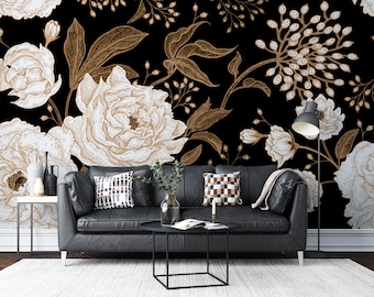 Rose and Peony Floral Wallpaper, Gold Leaves Flower Wall Mural, Roses Wall Art, Peonies Wall Decor, Black Background Peel and Stick