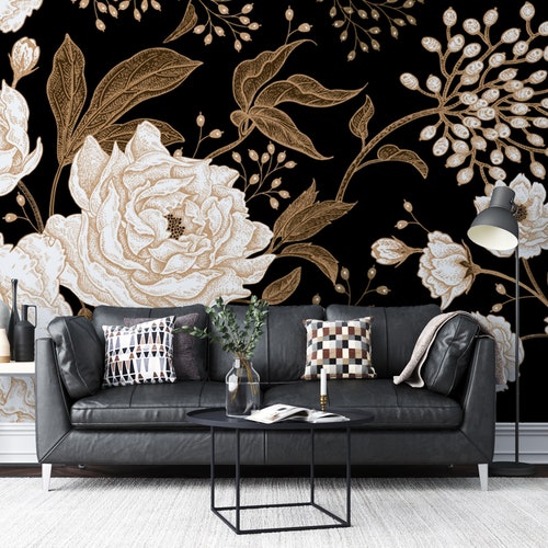 Rose and Peony Floral Wallpaper Gold Leaves Flower Wall - Etsy Norway Rose and Peony Floral Wallpaper Gold Leaves Flower Wall - Etsy Norway