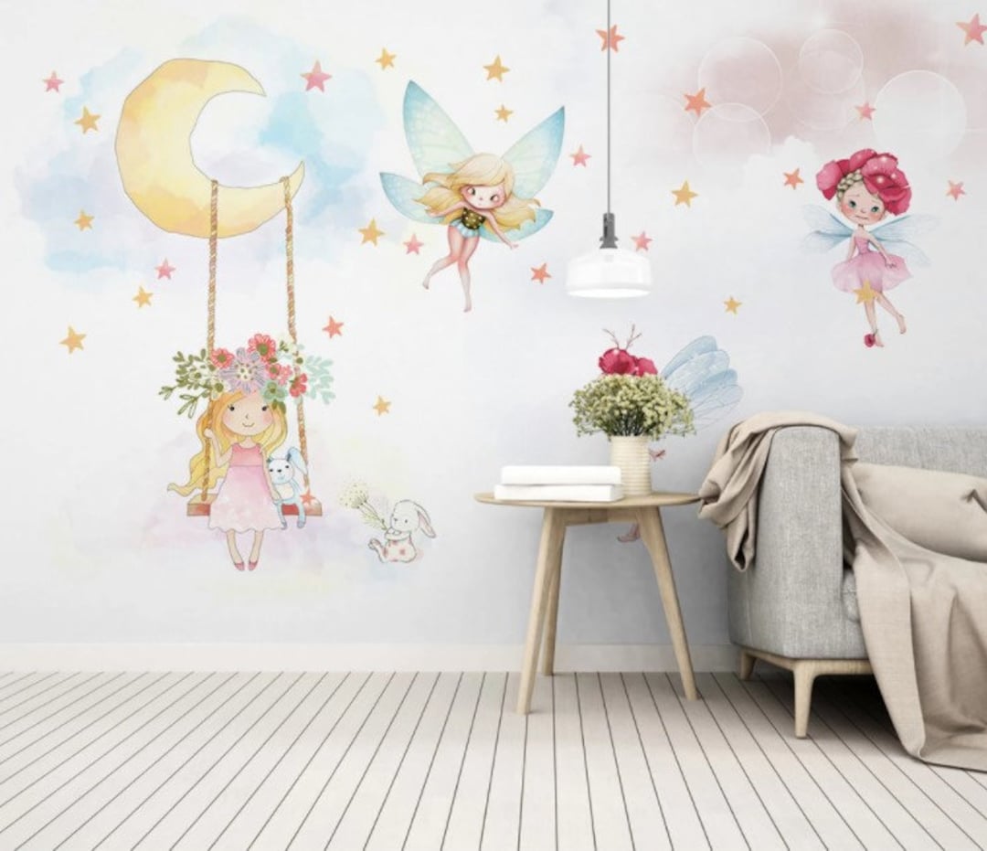 Fairy Wallpaper Mural: Pastel Nursery Decor, Moon and Stars - Etsy