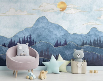 Landscape Nursery Wallpaper, Blue Mountain, Sun Wall Mural with Gold Details for Kids Room, Easy Removable Wall Decor