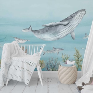 Carta da parati murale oceano – Carta da parati subacquea per bambini – Decorazione con animali marini e vita marina