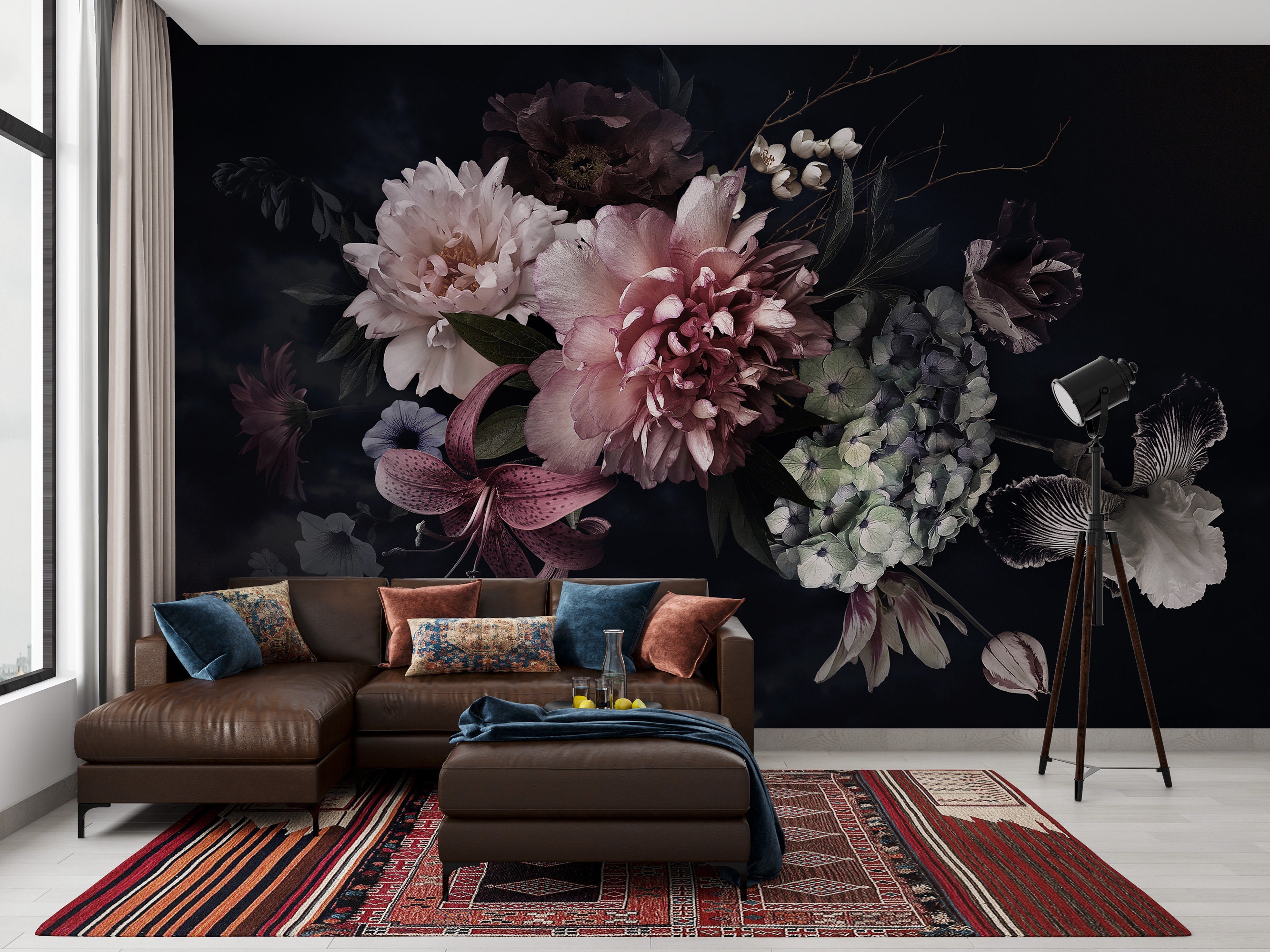 Dark Floral Wallpaper Mural: Dutch Flower Bouquet, Pink Peony