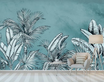 Turquoise Palm Tree Wallpaper: Tropical Peel and Stick Wall Mural