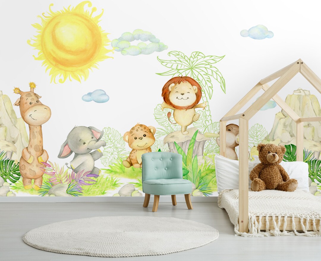 Cute Watercolor Summer Animals Wallpaper, Nursery Wall Mural Sunny Day
