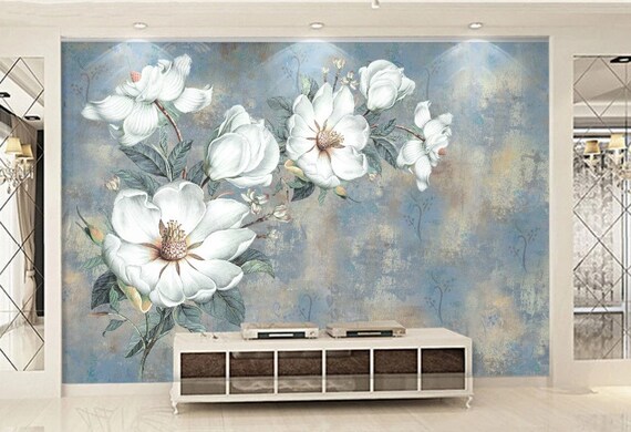 白いユリの花の壁画：青い背景、剥がして貼るだけの装飾 - Etsy 日本