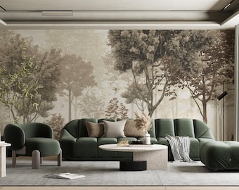 Neutral Tones Tropical Forest Wall Decor, Sepia Jungle Wall Mural, Foggy Forest and Deer Living Room Trend Wallpaper, Easy Removable