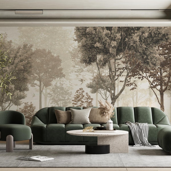 Neutral Tones Tropical Forest Wall Decor, Sepia Jungle Wall Mural, Foggy Forest and Deer Living Room Trend Wallpaper, Easy Removable