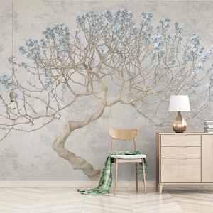 3D Look Tree Wallpaper, Blue Flower Relief Wall Mural, Stylish Living Room Floral Wall Decor, Peel and Stick