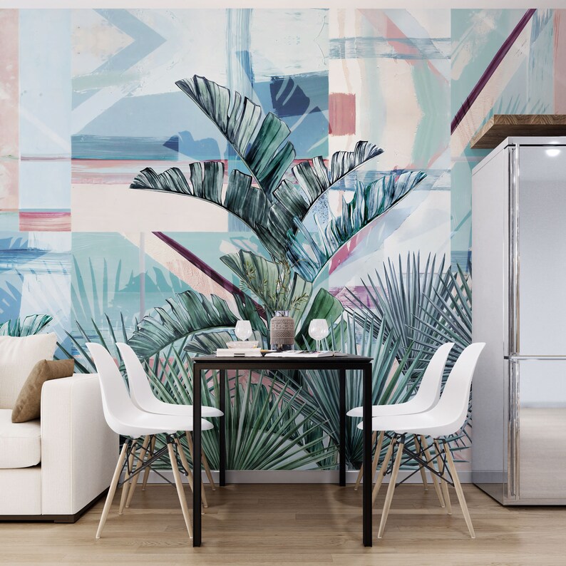 Tropical Palm Leaf Wallpaper Mural: Blue Floral Wall Decor - Etsy