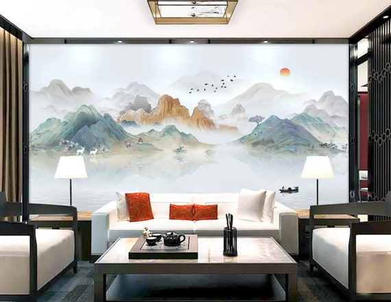 Chinoiserie Sunrise Painting Wallpaper Chinese Landscape Wall 