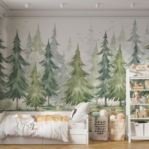 Watercolor Pine Tree Forest Nursery Wallpaper, Pastel Color Woodland Green Forest Gender Neutral Kids Room Wall Mural, Peel and Stick