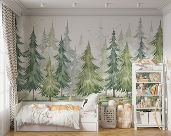 Watercolor Pine Tree Forest Wallpaper: Green Woodland Nursery Mural (Peel and Stick)
