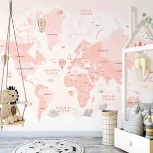 Carta da parati rosa con mappa del mondo per la cameretta delle bambine, murale per la cameretta dei bambini con mappa dei palloncini, decorazione da parete educativa per bambini, stacca e attacca