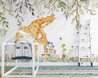 Mural de papel tapiz para habitación infantil con jirafa tropical: hojas y flores
