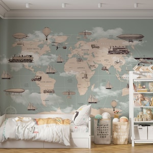 Papier peint couleur verte carte du monde de style rétro pour chambre d'enfant, avion rétro, zeppelin, train mural pour chambre d'enfant, carte éducative du monde