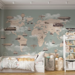 Green Color Retro Style Map of the World Nursery Wallpaper, Retro Plane, Zeppelin, Train Kids Room Wall Mural, Educational Map of the World