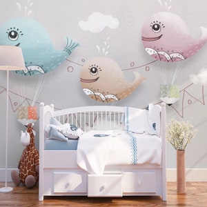 Süße Wal Kinderzimmer Tapete Neutral | Grauer Hintergrund Kinderzimmer Wandbild | Rosa-blaue Wal-Wand-Dekor