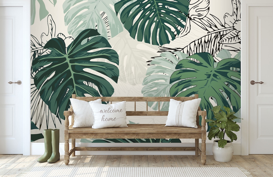 Pastel Color Green Palm Leaves Room Wallpaper Tropical and Etsy