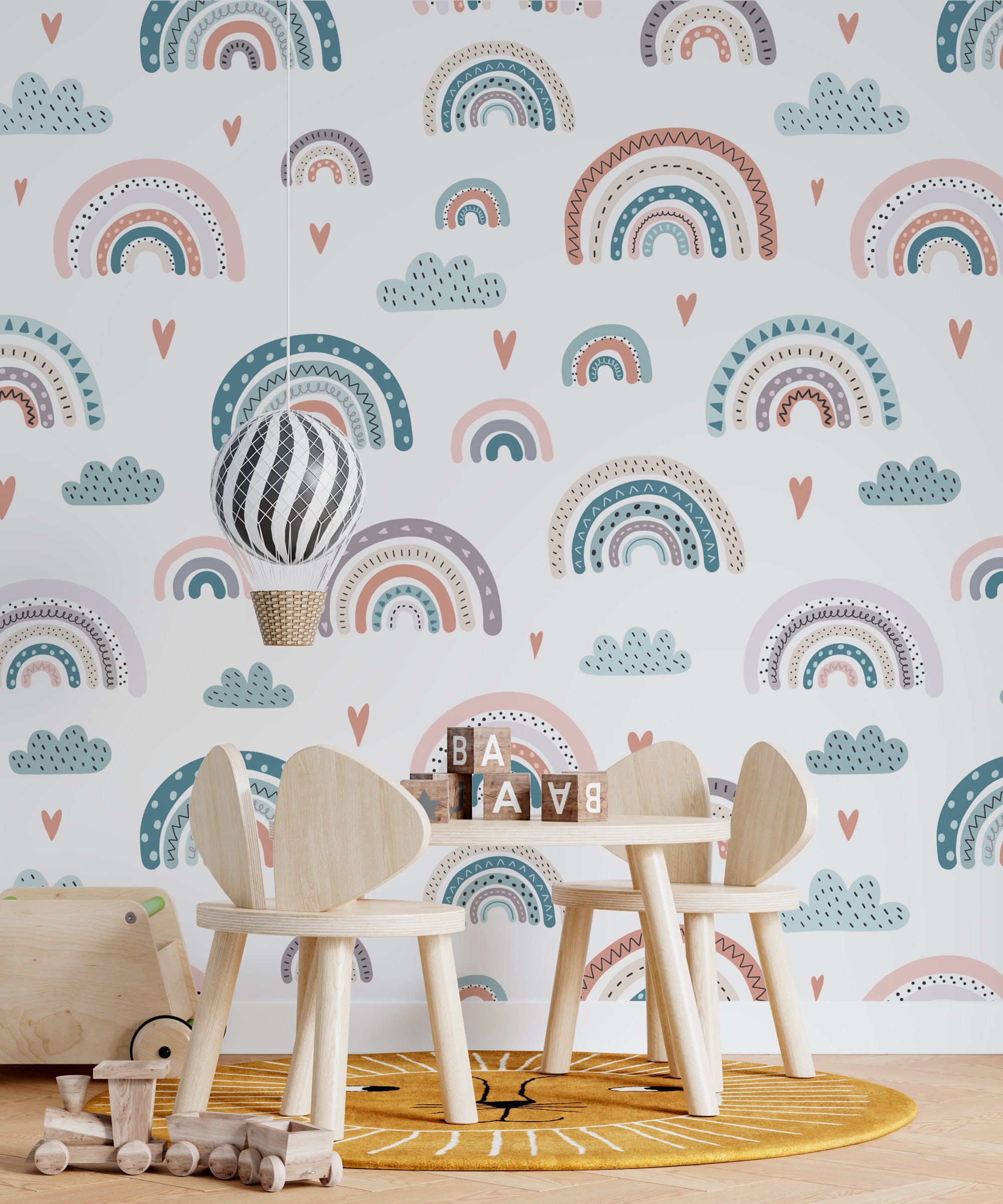 Watercolor Rainbow Rain Clouds Hearts Wallpaper Nursery Wall Decoration ...