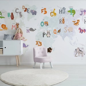 Papier peint alphabet animal carte du monde pour chambre d'enfant, décoration murale carte du monde pour chambre d'enfant, impression éducative couleur pastel, autocollant à coller