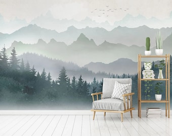Papel pintado de paisaje de selva tropical: Mural de pared para guardería con montaña brumosa