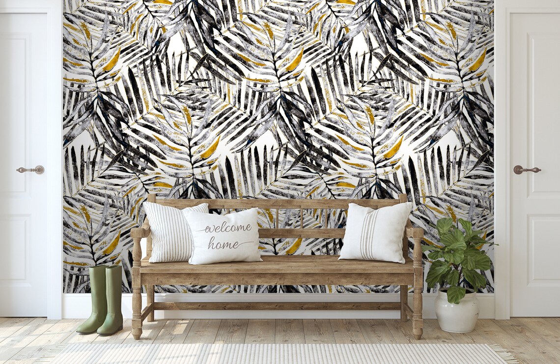 Black and Gold Palm Leaves Wallpaper Tropical Leaf Floral Etsy