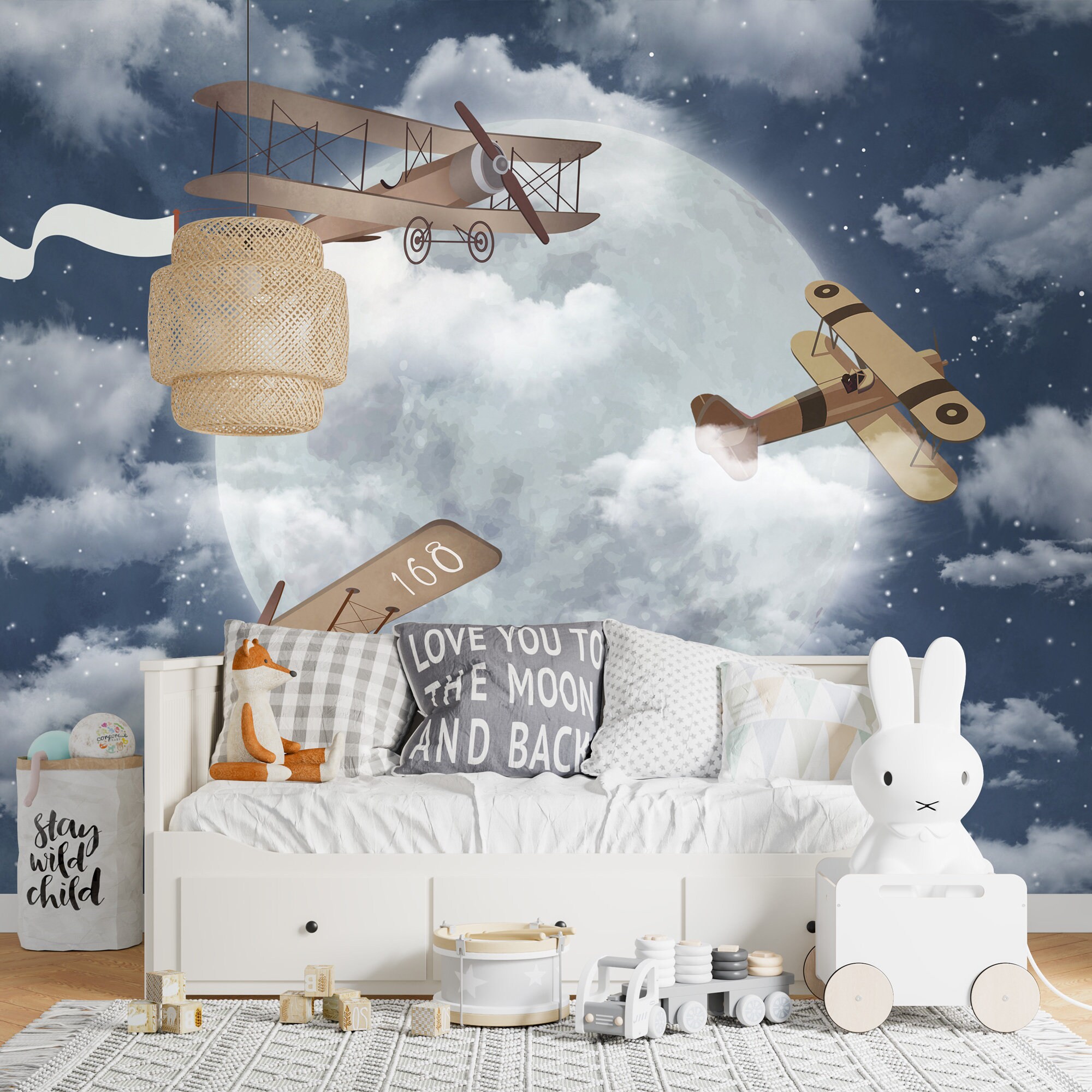 Aircraft and Full Moon Nursery Wallpaper Retro Plane on Sky Etsy Hong Kong