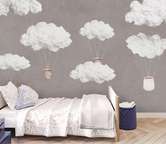 Cloud Shaped Balloons Nursery Wallpaper Gray Background | Etsy