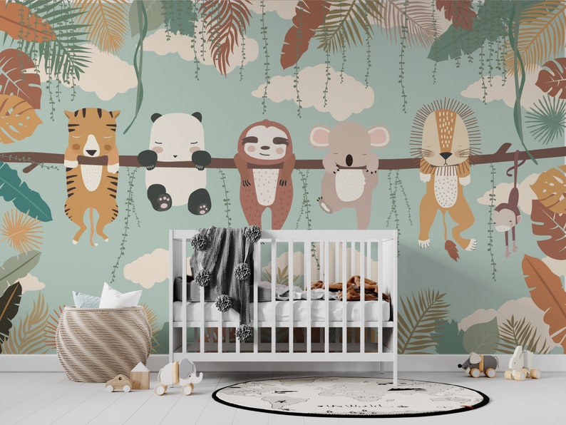 Cute Safari Animals Nursery Mural Pastel Color Tropical Kids Etsy