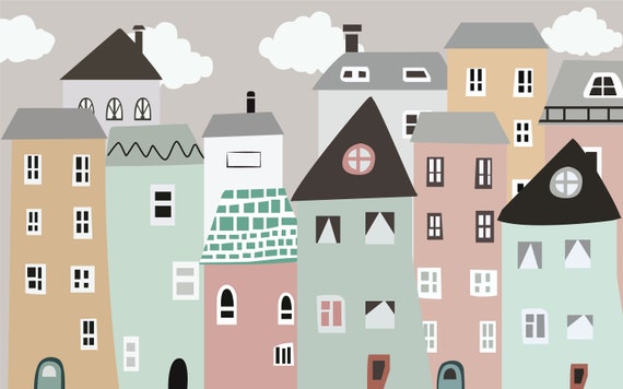 Paisaje urbano de dibujos animados con papel tapiz de - Etsy México Paisaje urbano de dibujos animados con papel tapiz de - Etsy México