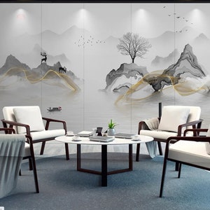 Chinoiserie Sunrise Wallpaper Mural: Mountains & River Peel and Stick Decor