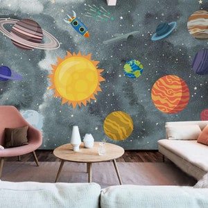 Watercolor Solar System Wallpaper: Peel and Stick Nursery Wall Mural