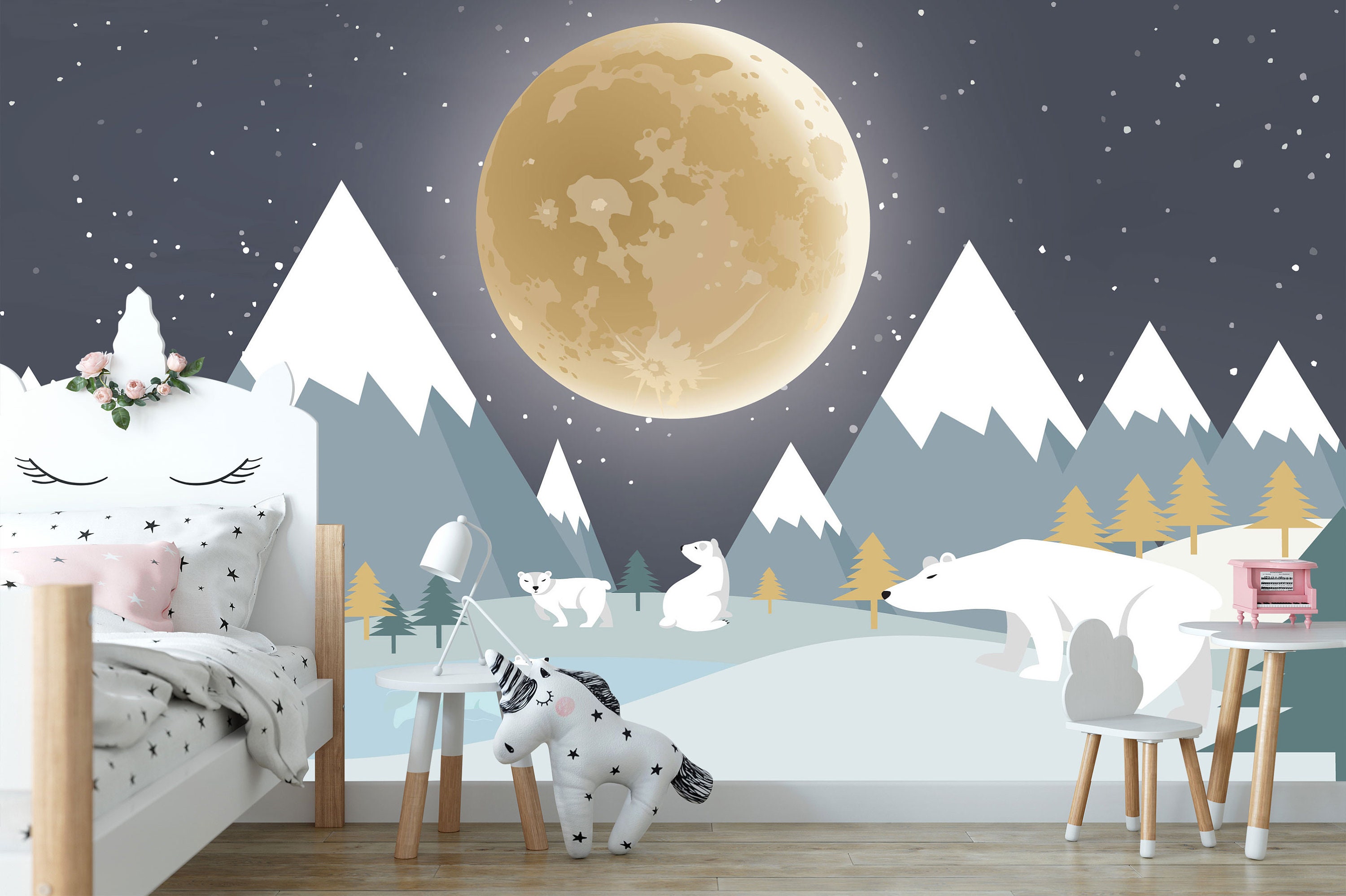 North Pole With Mountain Nursery Wallpaper Cute Polar Bear - Etsy