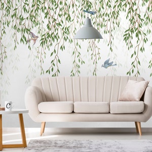 Hanging Leaves and Birds Tropical Wallpaper, Floral Wall Mural, Ivy Wall Art, Vine Trendy Wall Poster, Easy Removable Peel and Stick