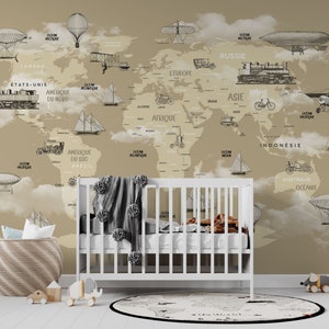 Franse kinderkamer behang wereldkaart, bruine kleur retro kaart van de wereld kinderkamer muurschildering, muurdecoratie vliegtuig en zeppelin