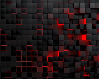 May include: Abstract background with a wall of black square blocks with red glowing edges.