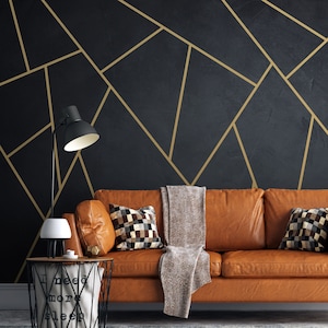 Schwarz und Gold Tapete | Abstrakt Wandbild | Geometrische Wallpaper | Tapete Gold Linien | Tapete zum Abziehen und Aufkleben