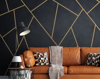 Black and Gold Wallpaper | Abstract Wall Mural | Geometric Wallpaper | Gold Lines Wallpaper | Gold Peel and Stick Wallpaper