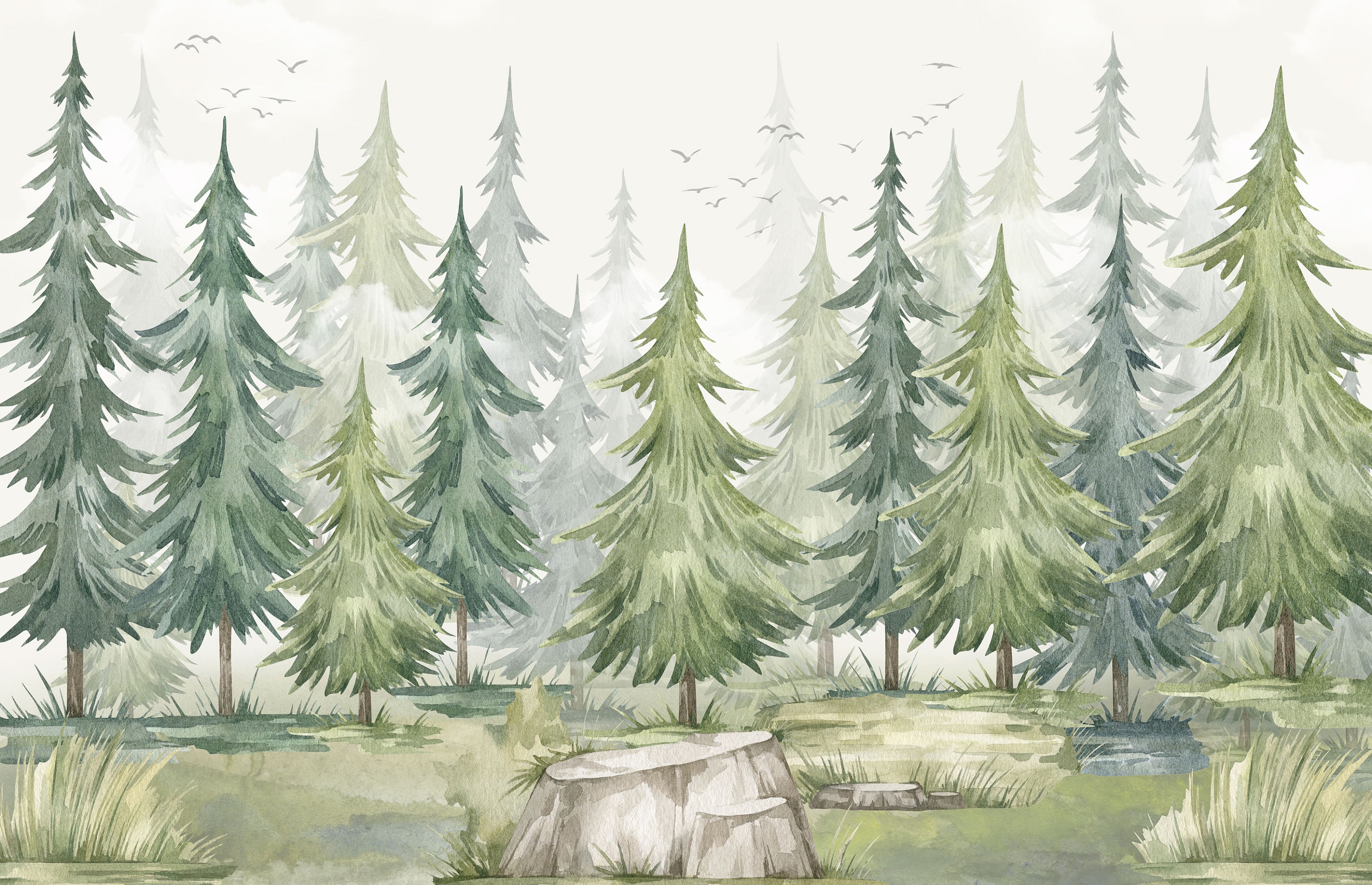 Watercolor Pine Tree Forest Wallpaper: Green Woodland Nursery Mural ...