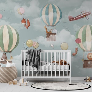 Sky Wallpaper for Nursery | Animal Wallpaper for Kids Room | Balloon Wallpaper Mural | Cloud Wallpaper