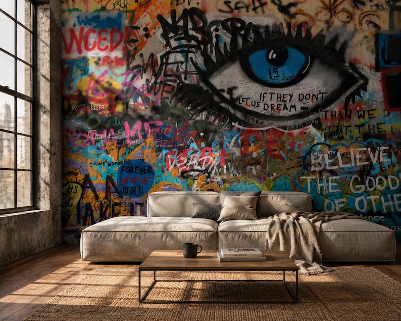 Papel de parede com grafite, mural de parede autoadesivo, papel de parede colorido com arte de rua, decoração urbana para quarto, sala de estar e loft. imagem 1