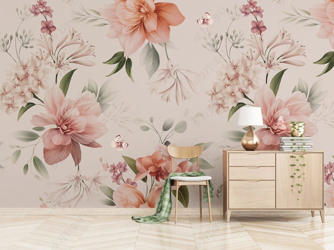 Pink Flowers Kitchen Wallpaper, Floral Wall Covering Etsy